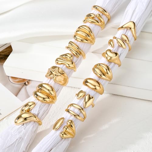 17IF 16 Pcs Chunky Gold Rings Set for Women, 14K Gold Plated | Classic Thick Adjustable Rings, Stackable Midi Finger Womens Stack Ring Pack for Jewelry Gifts - style: Golden-C