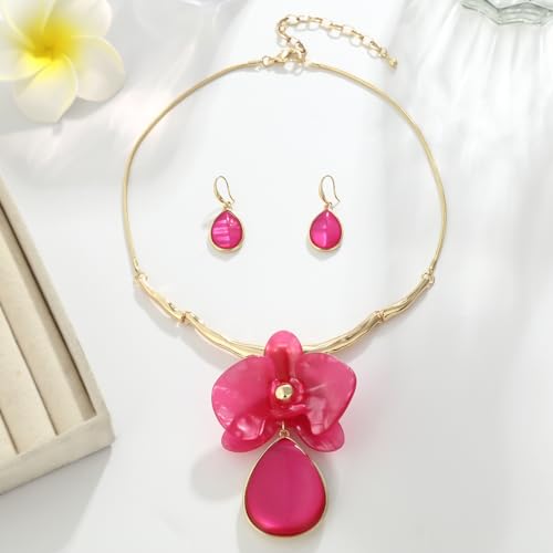 Vintage Statement Jewelry Set - Chunky Flower Floral Plant Geometric Resin Bib Necklace Earring Set Bohemian Boho Crystal Rhinestone Fashion Jewelry for Women Bridal Party Prom Unique Gift - style: MLJS2604-Pink