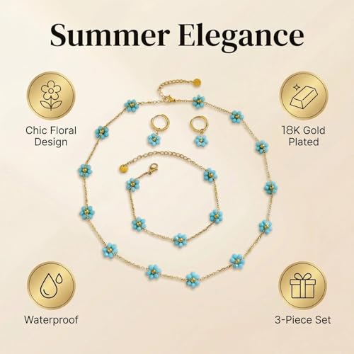 Daisy Pearl Jewelry Set for Women, 14K Gold Plated Stainless Steel Necklace Bracelet Earring 3 Piece Set, Dainty Pearl Choker Flower Necklace Birthday Gift for Her - color: Sky Blue