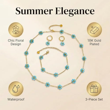 Daisy Pearl Jewelry Set for Women, 14K Gold Plated Stainless Steel Necklace Bracelet Earring 3 Piece Set, Dainty Pearl Choker Flower Necklace Birthday Gift for Her - color: Sky Blue