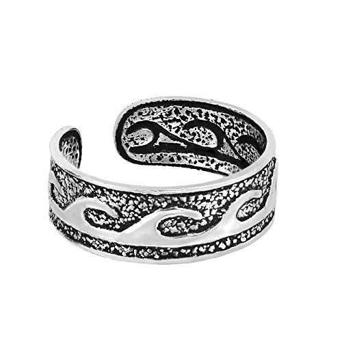 AeraVida .925 Sterling Silver Adjustable Toe Ring or Pinky Ring 5mm Wide Open Band, Stackable Minimalist Summer Foot Jewelry | Sun Moon Star Turtle Butterfly Leaf Olive Branch Ocean Wave Yin Yang Design - style: Ocean Wave