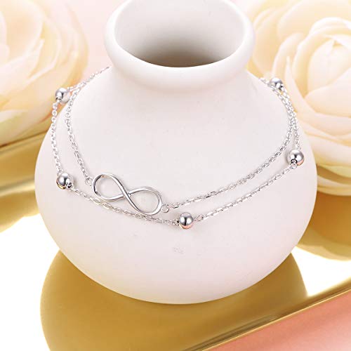 Flyow Anklet for Women S925 Sterling Silver Adjustable Foot Beaded Heart Charm Ankle Bracelet Anklets Jewelry - style: infinity 11+1