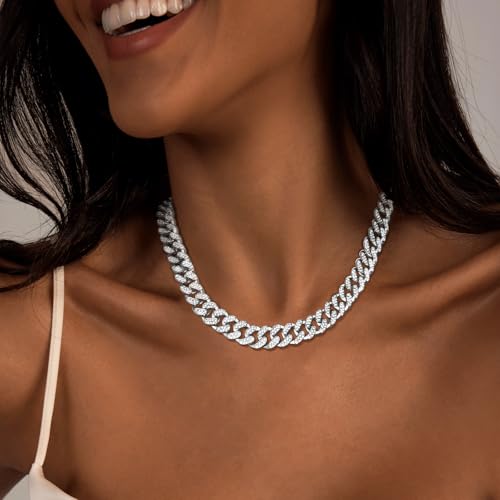 Zeffy 14K Gold/Silver Plated Chunky Thick Chain Toggle Clasp Necklace Dainty Baroque Pearl/Heart/Cross/Turquoise Pendant Necklace - color: Silver Diamond Cuban Link