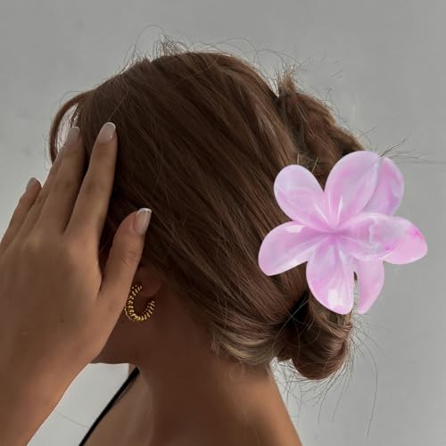 Flower Hair Clips for Women Girls Claw Clips Light Rose Pink Plumeria with Marble Design Barrettes Summer Hair Clip Fashion Hair Styling Accessories for Thick Thin Hair(3Pcs: 1 Large 2Small) - color: Light Rose-Pink