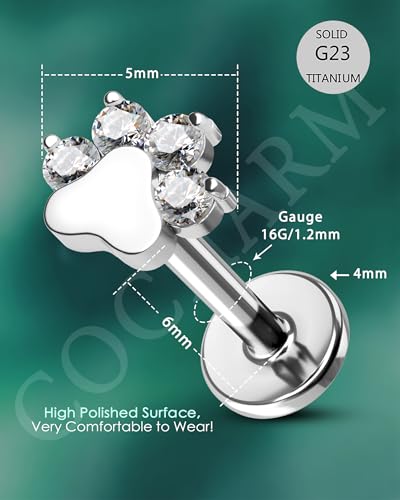 G23 Titanium Cartilage Earring Stud for Helix 16g Flat Back Dog Paw Cartilage Piercing Jewelry Front Top Screw Helix Tragus Earrings - color: Paw-6mm