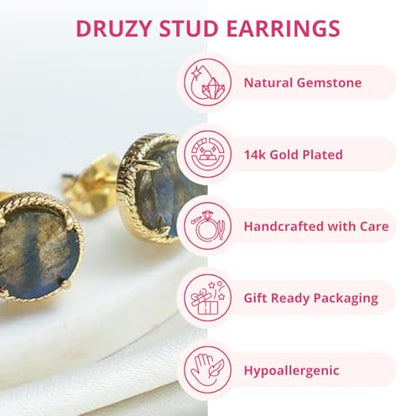 Gempires Gemstone Stud Earrings for Women 14k Gold Plated Prong Set Genuine Crystal Hypoallergenic Handmade Minimal Everyday Jewelry Elegant Birthstone Earrings Gift for Her - style: Labradorite