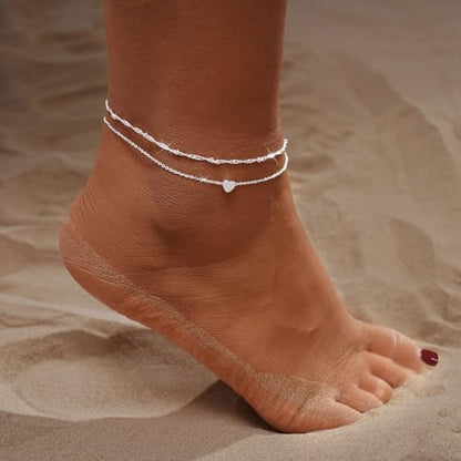 MFRYK Gold Ankle Bracelets for women,14k Gold/Silver Plated Waterproof Layered lightweight Cuban Link Figaro Chain Heart anklet butterfly anklet Pearl Ankle Bracelets Set Gold Anklets for women Trendy Jewelry Gift for Women - style: 2 anklets layered hear