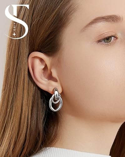FIBO STEEL 1 Pair Clip On Earrings for Women Non Pierced Ears | Chunky Knot Link, Geometric Statement Colorful Dangle Clip Earrings, Trendy Jewelry Gift - color: Link Silver Plated