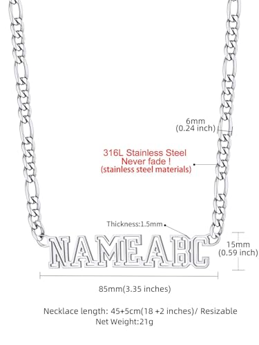 GoldChic JEWELRY Name Necklace Personalized for Men, Womens Custom Name Plate Chain, Stainless Steel Customized Old English Nameplate Choker with Curb Chains Custom, 16 inches to 30 inches - color: Figaro Chain 6 mm - Steel