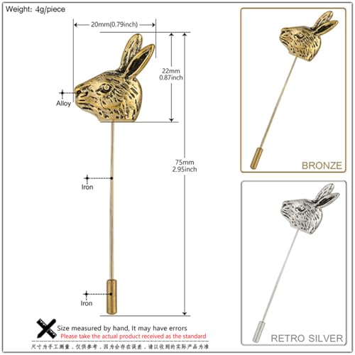 Dreuyet Simple Gold Silver Plated Long Brooch Pins with Cute Animal Antlers Leaves Plant Bees Rabbits Rose Flower Feather Brooch Jewelry for Women Men Elegant Suit Collar Lapel Pin - style: Rabbit Head