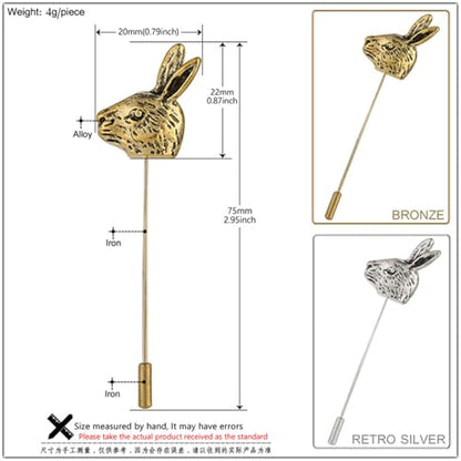 Dreuyet Simple Gold Silver Plated Long Brooch Pins with Cute Animal Antlers Leaves Plant Bees Rabbits Rose Flower Feather Brooch Jewelry for Women Men Elegant Suit Collar Lapel Pin - style: Rabbit Head