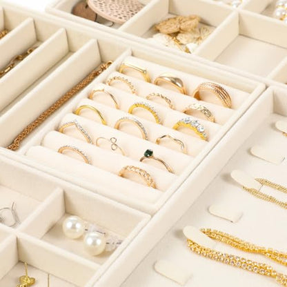 4Pcs Jewelry Organizer Trays, Stackable Velvet Jewelry Trays, Drawer Insert Divider Jewel Display Storage with Removable Dividers, Divided Storage for Earring Necklace Rings Bracelet