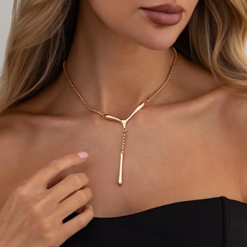 Abstract Y Shaped Lariat Necklace Minimalist Vertical Bar Drop Pendant Chain Jewelry