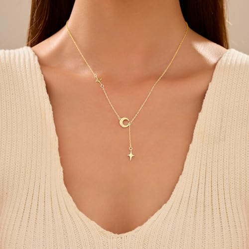 Dainty Crescent Moon Star Necklace for Women 925 Sterling Silver Y Shape Drop Lariat Necklace Trendy Pendant Choker Necklace Jewelry Birthday Ramadan Mothers Day Jewelry Gifts - color: Gold