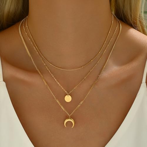 18K Gold Plated Layered Herringbone Necklaces for Women Dainty Layering Beaded Snake Chain Choker Moon Coin Pendant Necklace Trendy Stainless Steel Jewelry - color: Trible Moon Coin-Gold