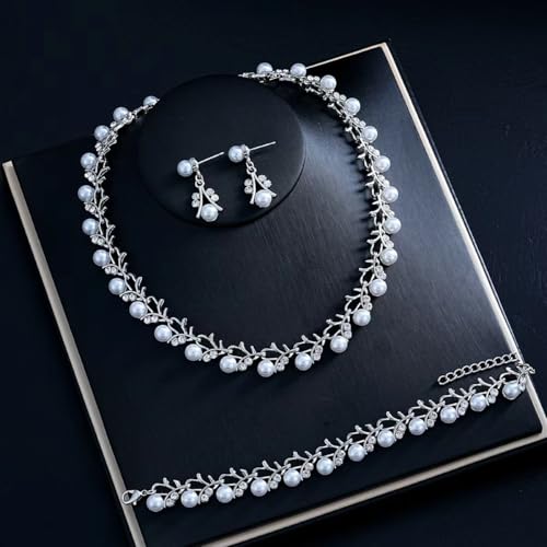 Bridal and Bridesmaid Pearl and Rhinestone Jewelry Set Crystal Necklace, Bracelet And Earrings Collection, Bohemian Adjustable Beaded Crystal for Women - style: Silver vine