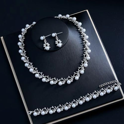Bridal and Bridesmaid Pearl and Rhinestone Jewelry Set Crystal Necklace, Bracelet And Earrings Collection, Bohemian Adjustable Beaded Crystal for Women - style: Silver vine