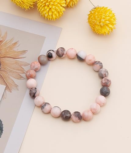 BOMAIL Natural Stone Beaded Bracelet for Women Men | 8mm Round Beads,Healing Crystal,Semi-Precious Gemstone,Yoga,Stretch,Bracelets Jewelry Gift - color: Pink Zebra Stone