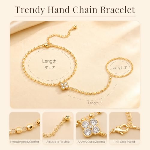 14K Gold Hand Chain Ring Bracelet-SM - style: Clover CZ