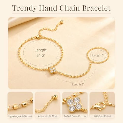 14K Gold Hand Chain Ring Bracelet-SM - style: Clover CZ