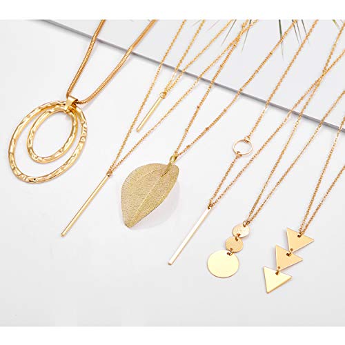 Fesciory 6 PCS Long Pendant Necklace for Women, Gold Bar Circle Leaf Triangle Tassel Y Necklace Set | Gold Plated Bar, Circle, Leaf, Triangle and Disc Pendant, Adjustable Fit, Long Necklace Jewelry Gifts for Loves - color: Set 2