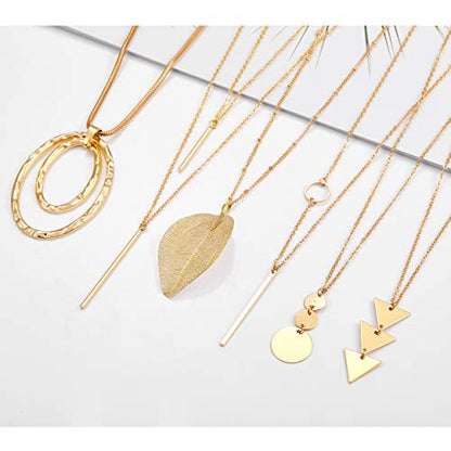 Fesciory 6 PCS Long Pendant Necklace for Women, Gold Bar Circle Leaf Triangle Tassel Y Necklace Set | Gold Plated Bar, Circle, Leaf, Triangle and Disc Pendant, Adjustable Fit, Long Necklace Jewelry Gifts for Loves - color: Set 2