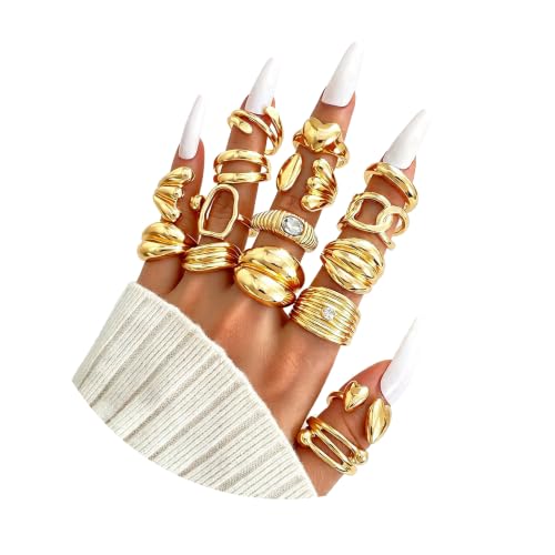 Chunky Rings for Women Non Tarnish 14k Stackable Dome Statement Rings Sets Vintage Dainty Knuckle Open Midi Finger Rings Jewelry Pack Gifts - style: Gold 16PCS