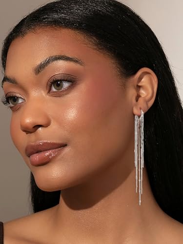 Robaice Long Gold Dangle Earrings for Women, 14K Plated Tassel Earring | Gold Chain Dangling Earrings, Trendy Drop Prom Earring, Lightweight Statement Party Jewelry, Gift for Women - style: B-dangle tassel chains, silver