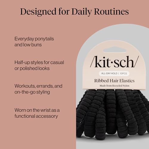 Kitsch Ribbed Hair Ties No Damage - Black, 10pcs | Strong, Stretchy & Snag-Free Hair Bands – Soft Fabric Ponytail Holders, Stylish Elastics for Everyday Hairstyles - color: Black Ribbed (Pack of 10)