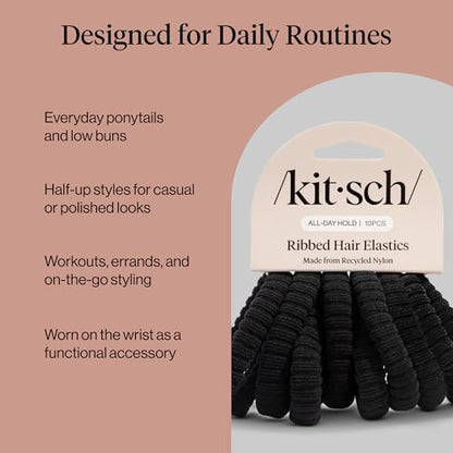 Kitsch Ribbed Hair Ties No Damage - Black, 10pcs | Strong, Stretchy & Snag-Free Hair Bands – Soft Fabric Ponytail Holders, Stylish Elastics for Everyday Hairstyles - color: Black Ribbed (Pack of 10)