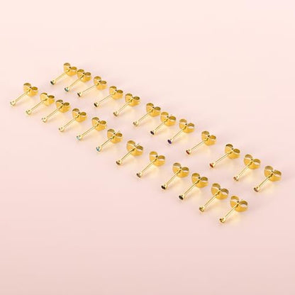 12 Pairs Surgical Stainless Steel Cubic Zirconia Birthstone Stud Earrings Heart Star Round Multicolors Stud Earrings Set for Women - style: Gold round 2mm