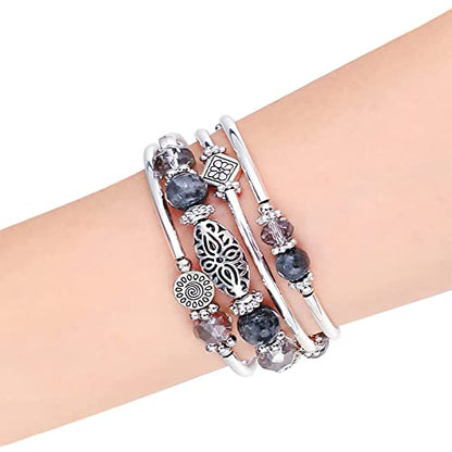 FULU AUTUMN Stackable Beaded Bracelets for Women Boho Wrap Silver Bracelet Layered Fashion Jewelry Gifts for Her - color: Grey