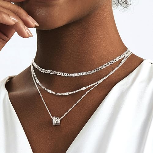 OGD Layered CZ Rondelle Pendant Necklaces for Women, 14K Gold Plated Trendy Mariner Chain Dainty Circle Rondelle Pendant Choker Necklace for Women Two-Toned Cubic Zirconia Gold Necklace - color: Silver Rondelle Layered-3PCS