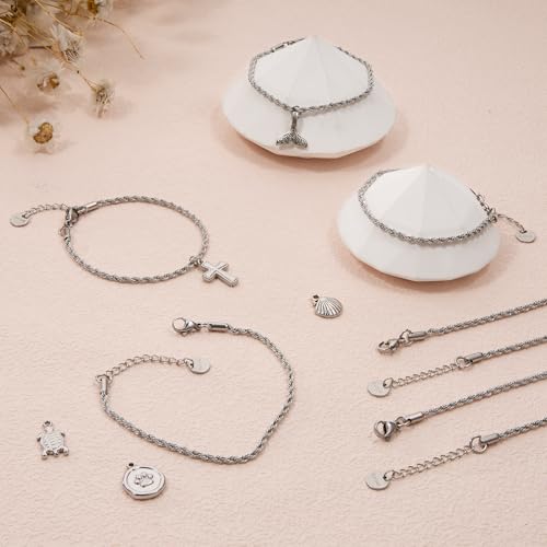 UMAOKANG 10 Pack Stainless Steel Rope Chain Bracelets for Jewelry Making | Adjustable Silver Hand Chains Bracelet Bulk Permanent Jewelry Supplies - color: 10pcs Rope Steel