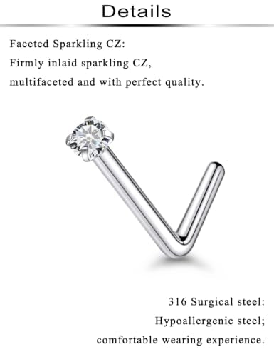 6Pcs Nose Rings Studs Surgical Steel L-Shape Nose Rings for Women 1.5mm Cubic Zirconia Nostril Screw Studs Hypoallergenic Nostril Piercings 24g 22g 20g - color: L-shape,silvertone, size: 22g,1.5mm CZ