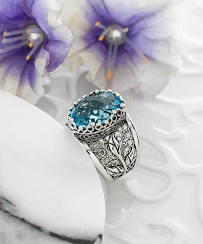Filigranist 925 Sterling Silver Filigree Art Lace Embroidery Tulip Detailed Gemstone Women Cocktail Ring, Luxurious Gift Boxed - color: Blue Topaz