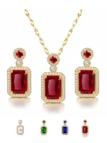 2pcs Cubic Zirconia Wedding Jewelry Sets for Women - Elegant CZ Necklace and Earrings Set with 18K Gold Plated Chain Jewelry Perfect as Special Occasion Gift - color: Red