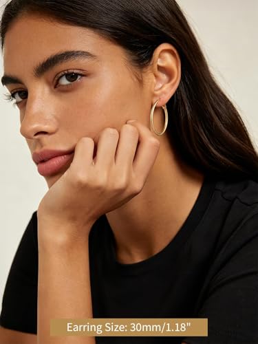FindChic Thin Hoop Earrings for Women,Silver/Black/Gold Plated 20-100mm - color: Gold, size: 30mm