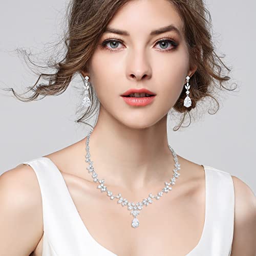 Bridal Wedding Jewelry CZ Set Marquise Teardrop Cubic Zirconia Pendant Necklace and Dangle Earring Bracelet Sets for Women - color: White Gold plated