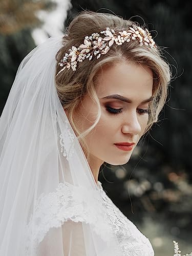 SWEETV Handmade Rhinestone Wedding Headband Flower-Leaf Bridal Headpieces for Wedding Pearl Hair Accessories (Gold) - color: Gold