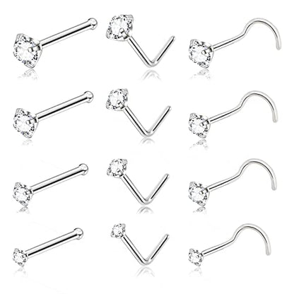 8PCS Titanium Nose Rings Stud, Gold Nose Ring for Women Men Hypoallergenic Nostril Hoops L Shape Nose Studs Corkscrew CZ Nose Piercing Jewelry Silver 18G & 20G Nose Ring Studs 2/2.5/3mm - style: Silver-12-three shape
