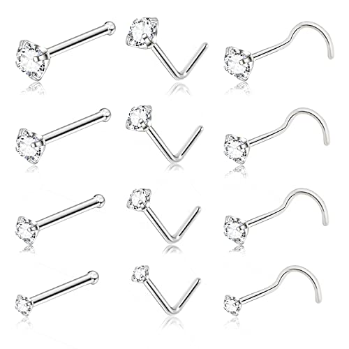 8PCS Titanium Nose Rings Stud, Gold Nose Ring for Women Men Hypoallergenic Nostril Hoops L Shape Nose Studs Corkscrew CZ Nose Piercing Jewelry Silver 18G & 20G Nose Ring Studs 2/2.5/3mm - style: Silver-12-three shape