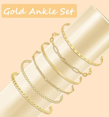 8Pcs Ankle Bracelets for Women Stainless Steel Waterproof Layered Cuban Figaro Link Chain Rope Paperclip Herringbone Satellite Bead Anklets Set Summer Beach Jewelry Gold Silver Tone 8.5 Inch - color: A:Gold