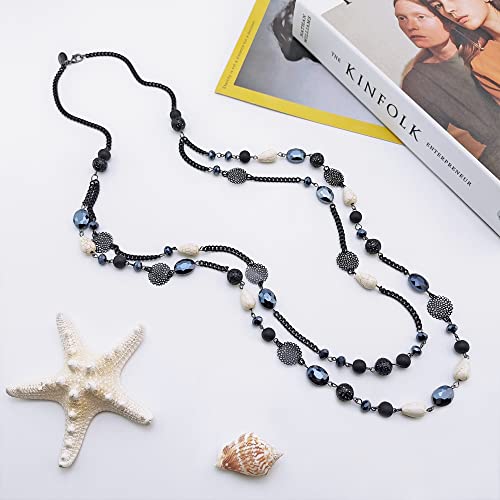 Bocar Long Necklaces for Women Trendy, Boho Layered Crystal Beaded Collar Necklaces for Women, Fashion Statement Necklaces Jewelry - color: Pirate Black