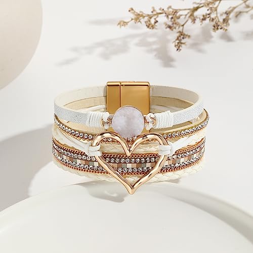 Womens Love Heart Leather Wrap Bracelet Multi-layer Stacked Bangle | Magnetic Clasp Soft PU Leather Resin Stone Rhinestone Boho Style Birthday Valentine Christmas Bohemian Jewelry Gift - color: White
