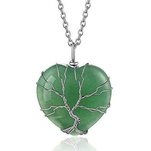 Bestyle Tree of Life Wrapped Healing Crystal Necklaces 12 Month Birthstone Pendant for Women, Crescent/Heart Gemstone Jewelry, Vintage Birthday Gifts/Energy Gift - color: 08. Heart Aventurine
