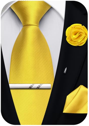 Solid Color Tie and Pocket Square with Tie Clip Lapel Pin Silk Formal Necktie Set Wedding Formal - color: Yellow
