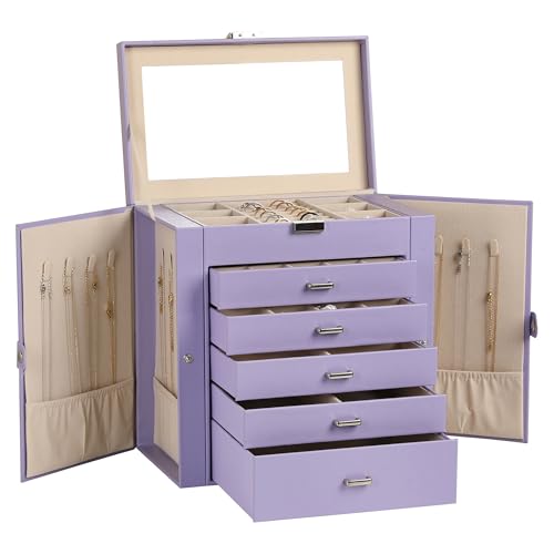Frebeauty 6-Layer Jewelry Box for Women,Large Jewelry Organizer with Drawer | Faux Leather,Built-in Mirror,Spacious Jewelry Storage,16 Necklace Hooks,Organizing by Category for Rings Earrings Bracelet - color: Purple, size: Large