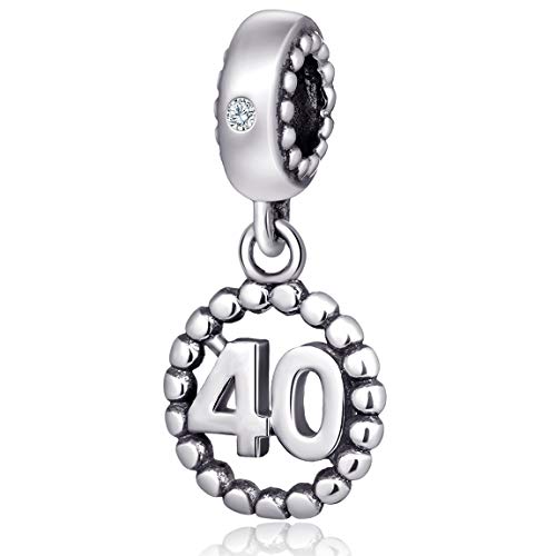 5,10,15,16,17,18,20,21,25,30,35,40,42,49,50,55,60,65,70 Number Charms for European Bracelet, 925 Sterling Silver Birthday Pendant Beads with CZ, Gifts for Mothers Day/Anniversary - color: Number 40 Charm