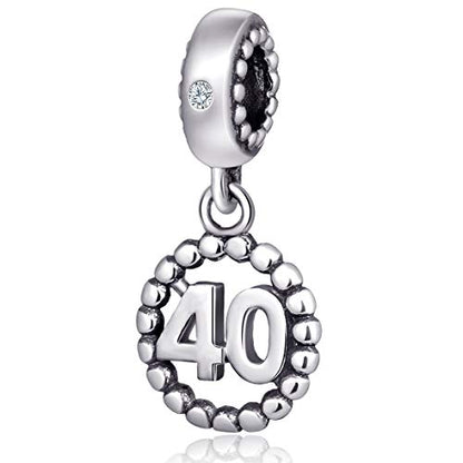 5,10,15,16,17,18,20,21,25,30,35,40,42,49,50,55,60,65,70 Number Charms for European Bracelet, 925 Sterling Silver Birthday Pendant Beads with CZ, Gifts for Mothers Day/Anniversary - color: Number 40 Charm